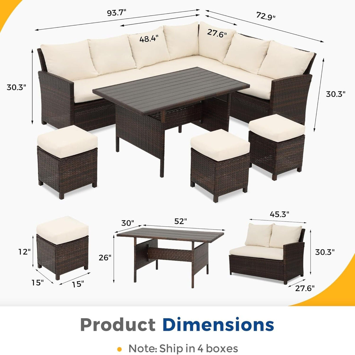 7 Piece Patio Dining Set with Cushions, Modular Sectional Sofa & Storage Table - Blue or Beige
