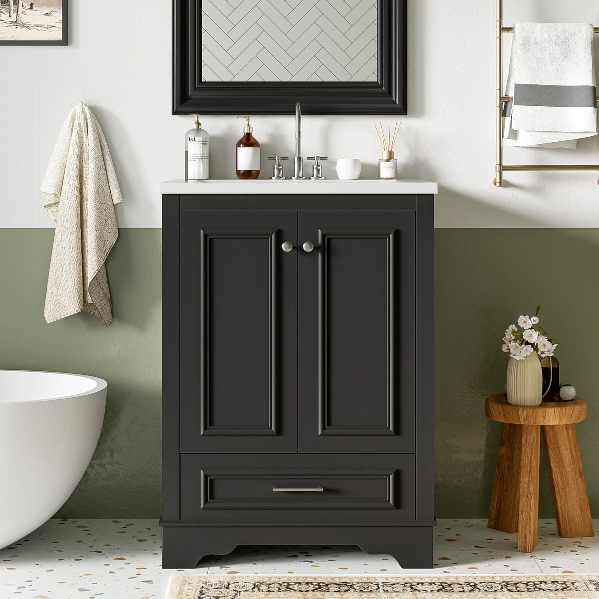 Modern Bathroom Vanity with Ceramic Sink Combo and Storage Cabinet - Multiple Colors