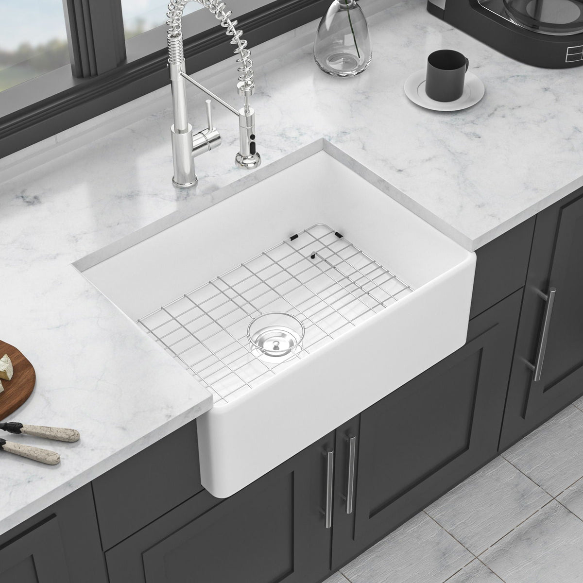 Farmhouse Ceramic Apron Front Single Bowl Kitchen Sink with Durable Design - White or Black