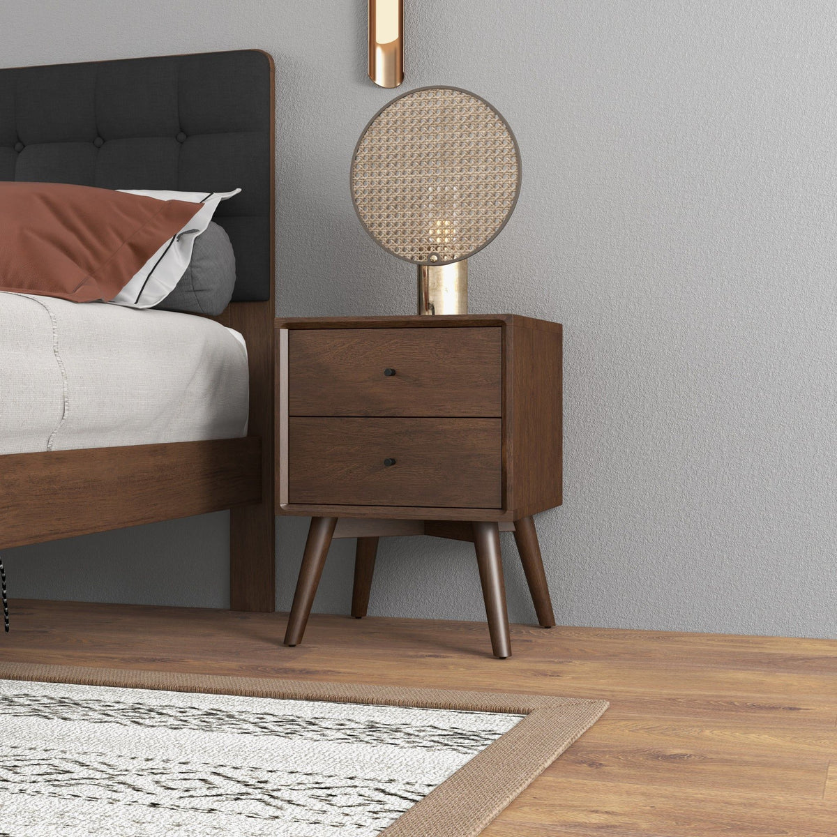 Mid-Century Modern Night Stand with 2 Drawers - Dark Brown or White