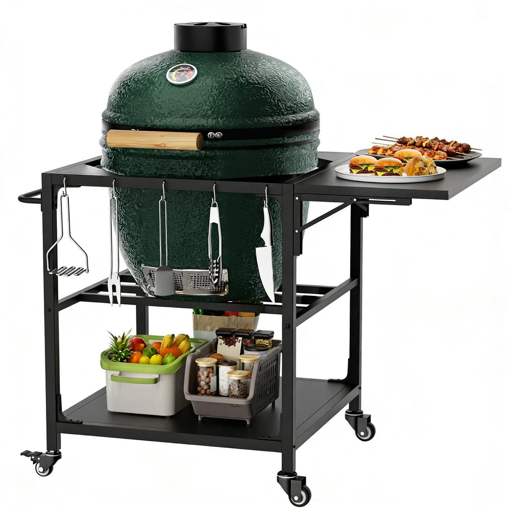 Outdoor Grill Table with Wheels and Storage Shelf - Black