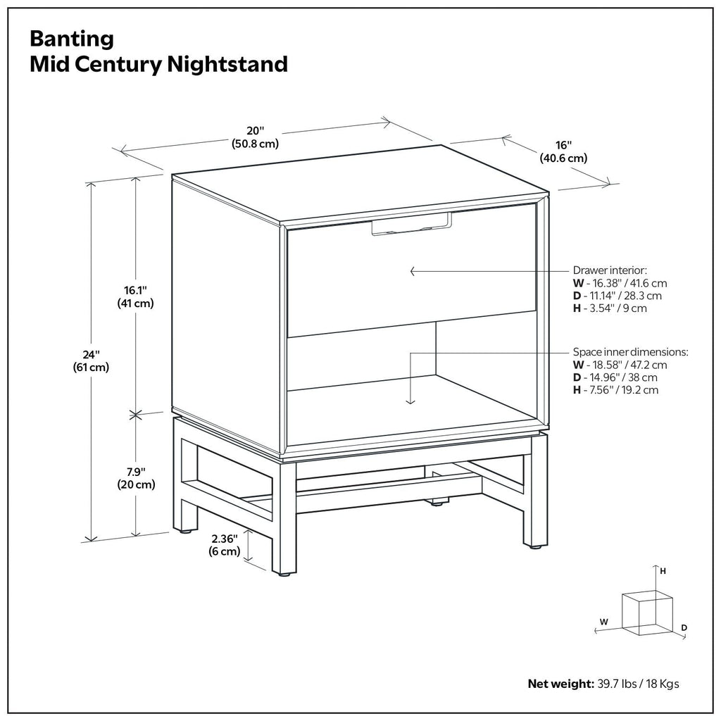 Walnut Brown Nightstand with Drawer and Open Storage - Solid Rubberwood
