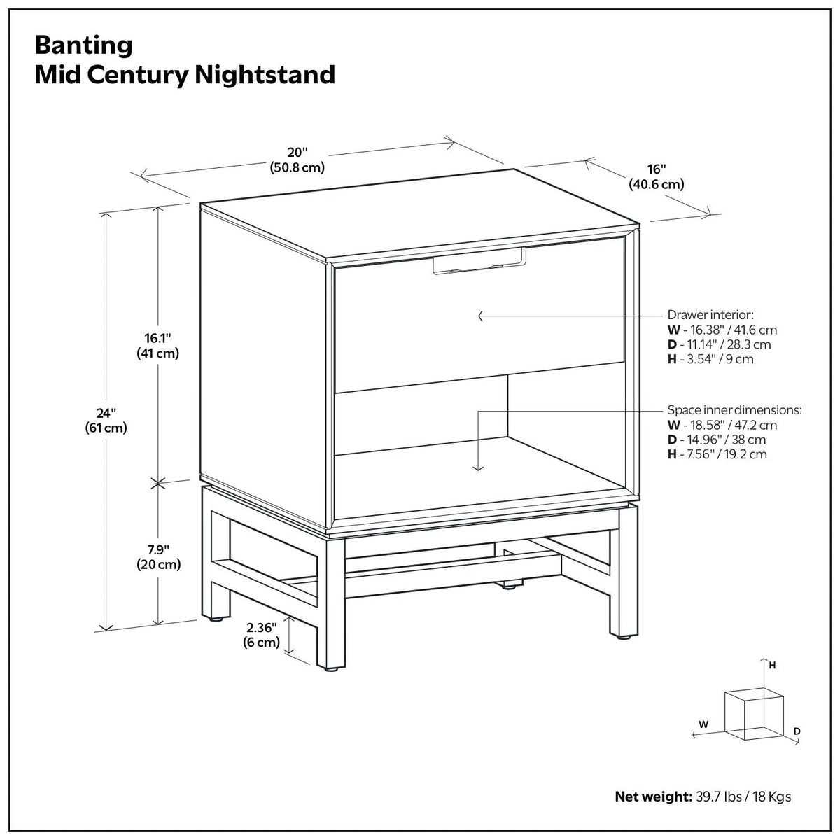 Walnut Brown Nightstand with Drawer and Open Storage - Solid Rubberwood