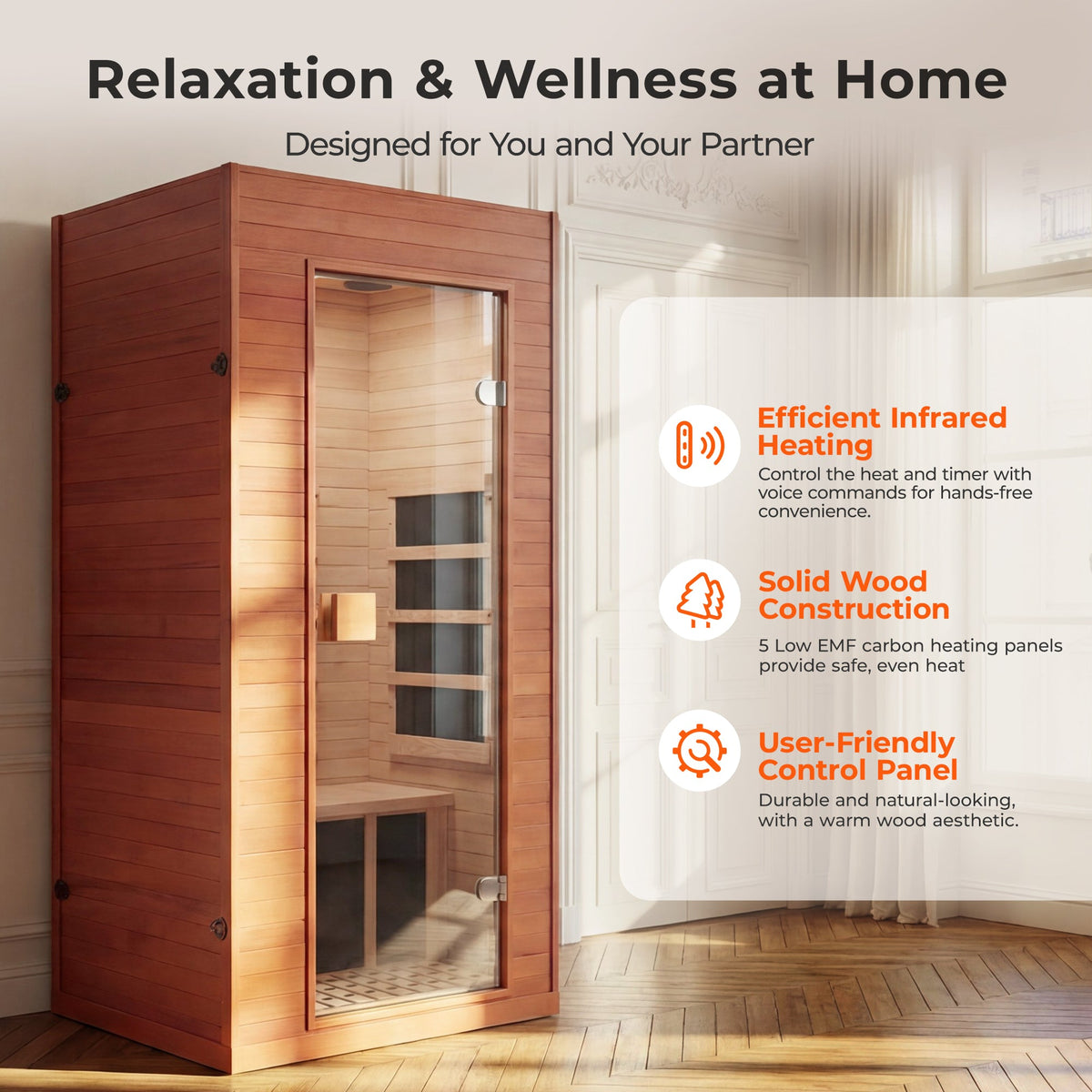 Smart Infrared Sauna for Home with Voice Control - Canadian Hemlock