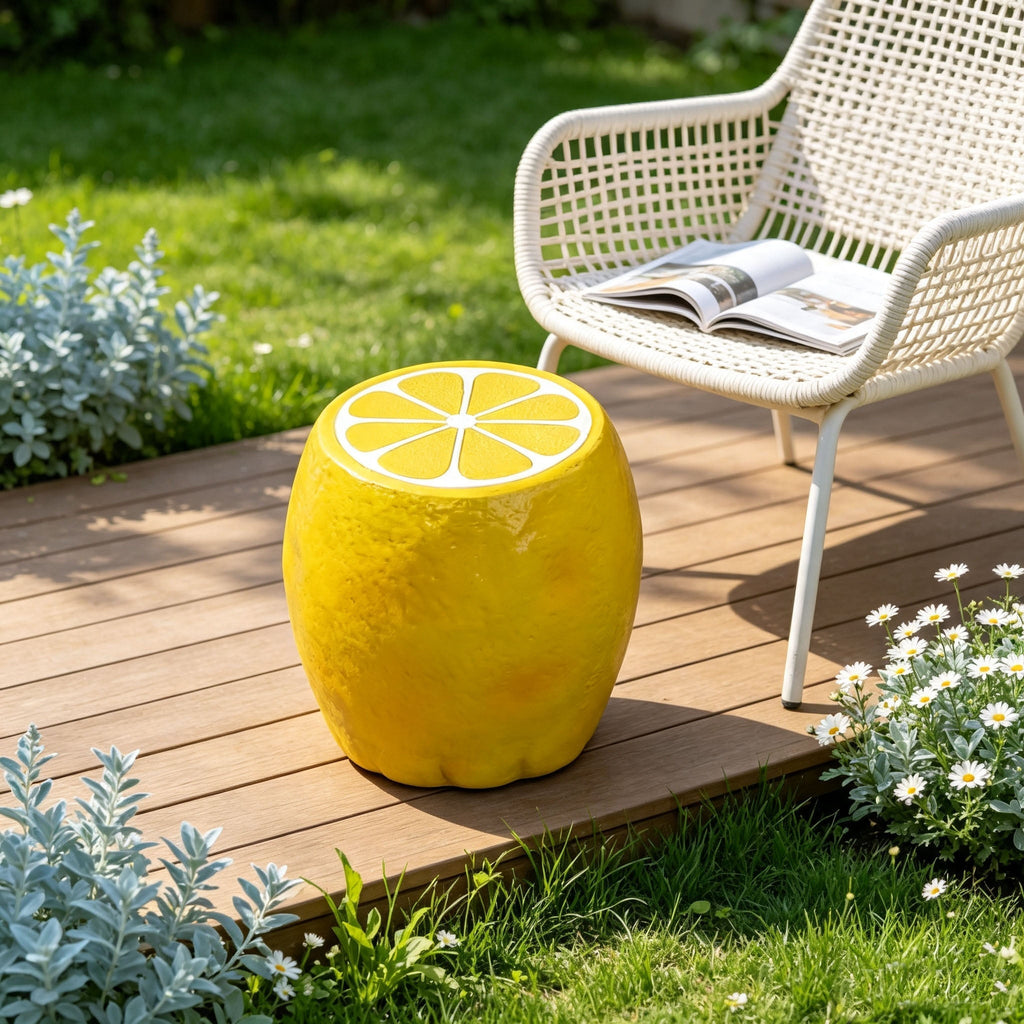 Yellow Lemon Fruit Stool with Playful Resin Design - Yellow