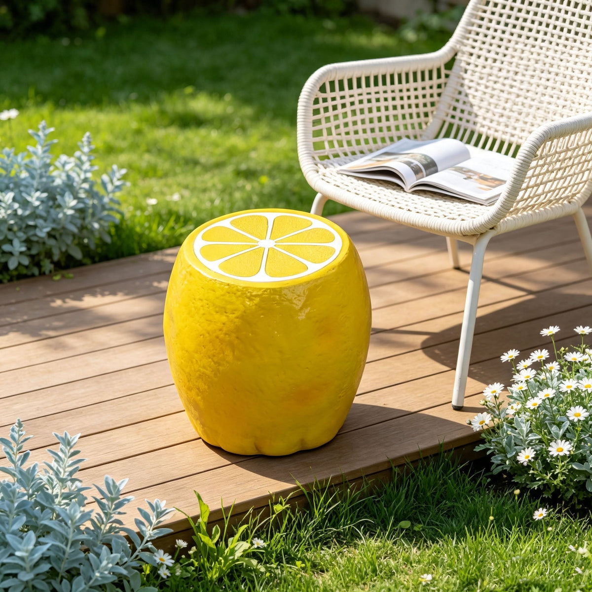 Yellow Lemon Fruit Stool with Playful Resin Design - Yellow