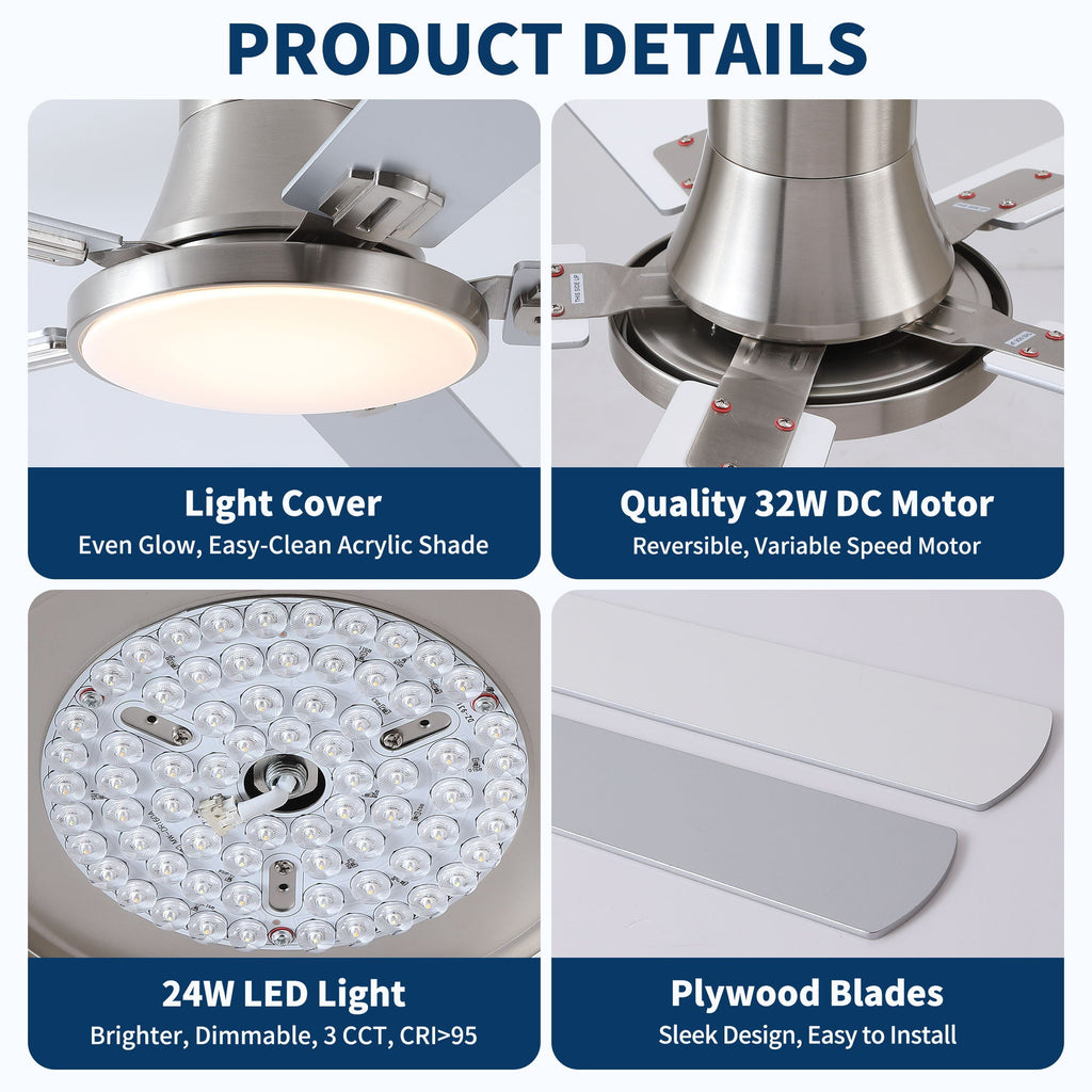 Flush Mount Ceiling Fan with LED Light and Remote Control - Black, White, Pearl Silver