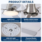 Flush Mount Ceiling Fan with LED Light and Remote Control - Black, White, Pearl Silver