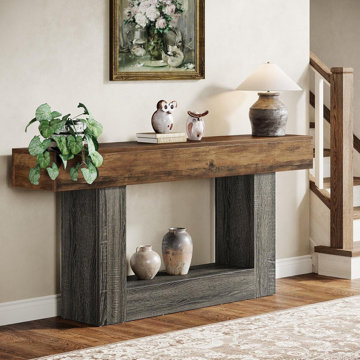 Console Table with 2 Tier Storage and U-Shaped Base - Light Brown or Dark Brown