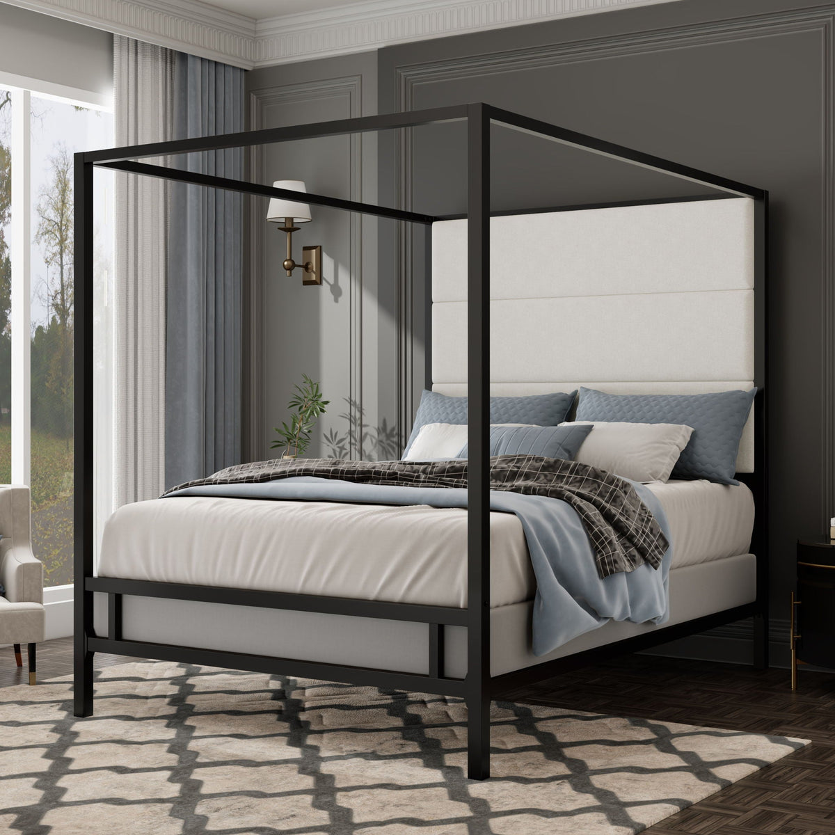 Canopy Bed With Tall Upholstered Headboard - 4 Poster Frame - Gold or Black