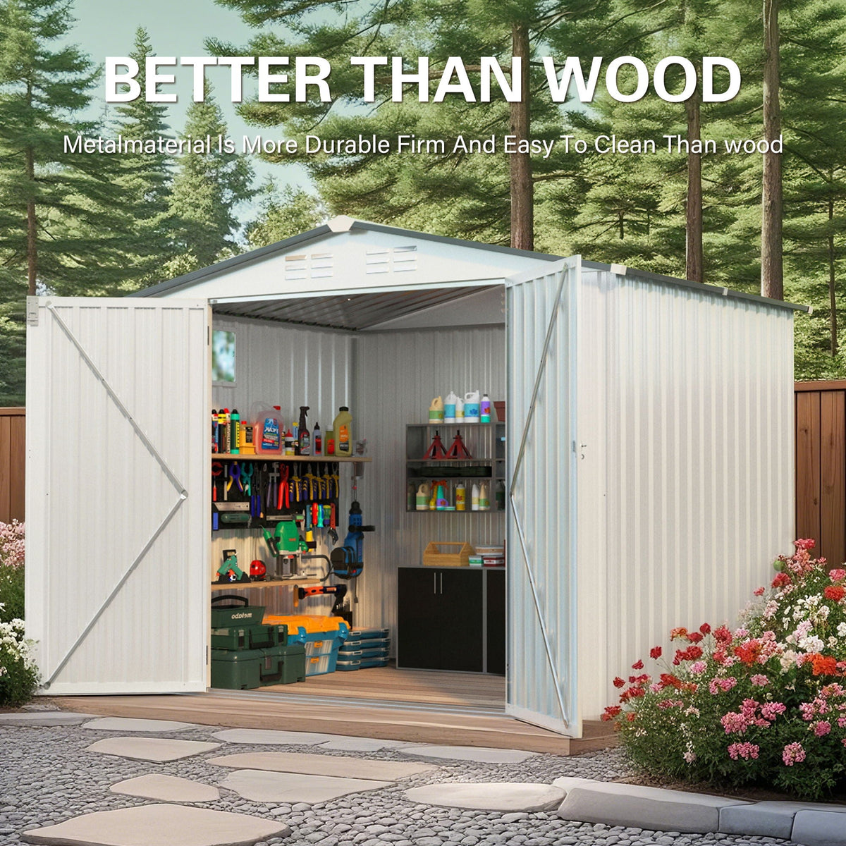 Outdoor Garden Storage Shed with Lockable Doors and Window - White / Gray