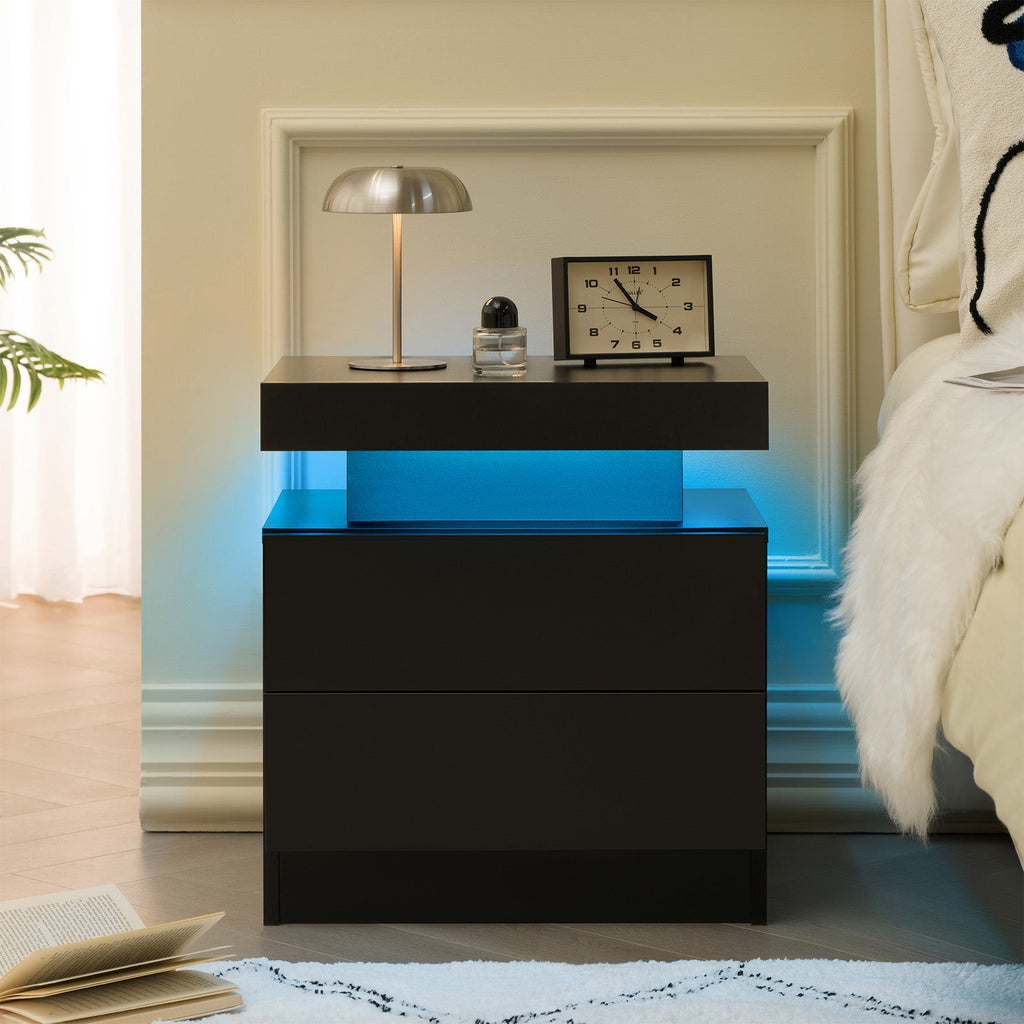 Modern LED Nightstand with 2 Drawers and Adjustable LED Lights - White