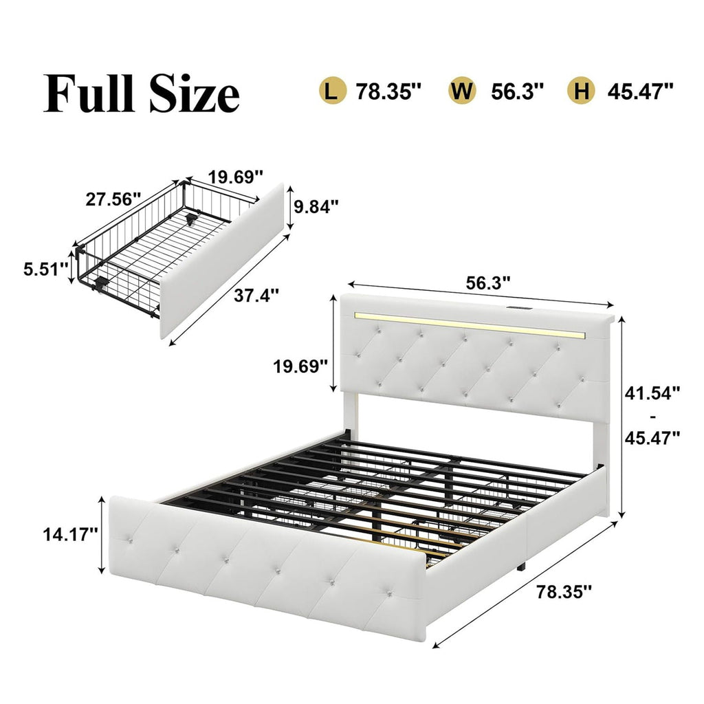 Upholstered Storage Bed Frame with LED Lights and Drawers – White or Black