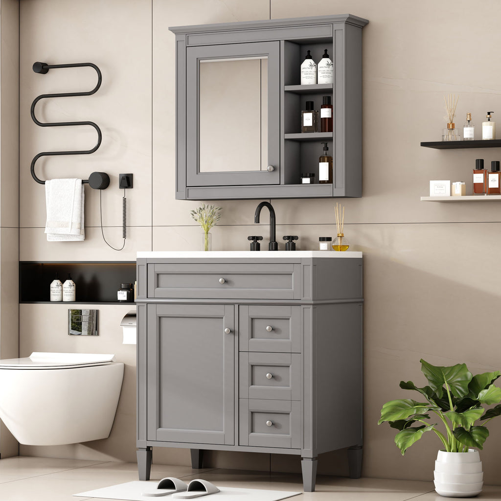 Gray Bathroom Vanity with Ceramic Sink, Storage Cabinet & Mirror