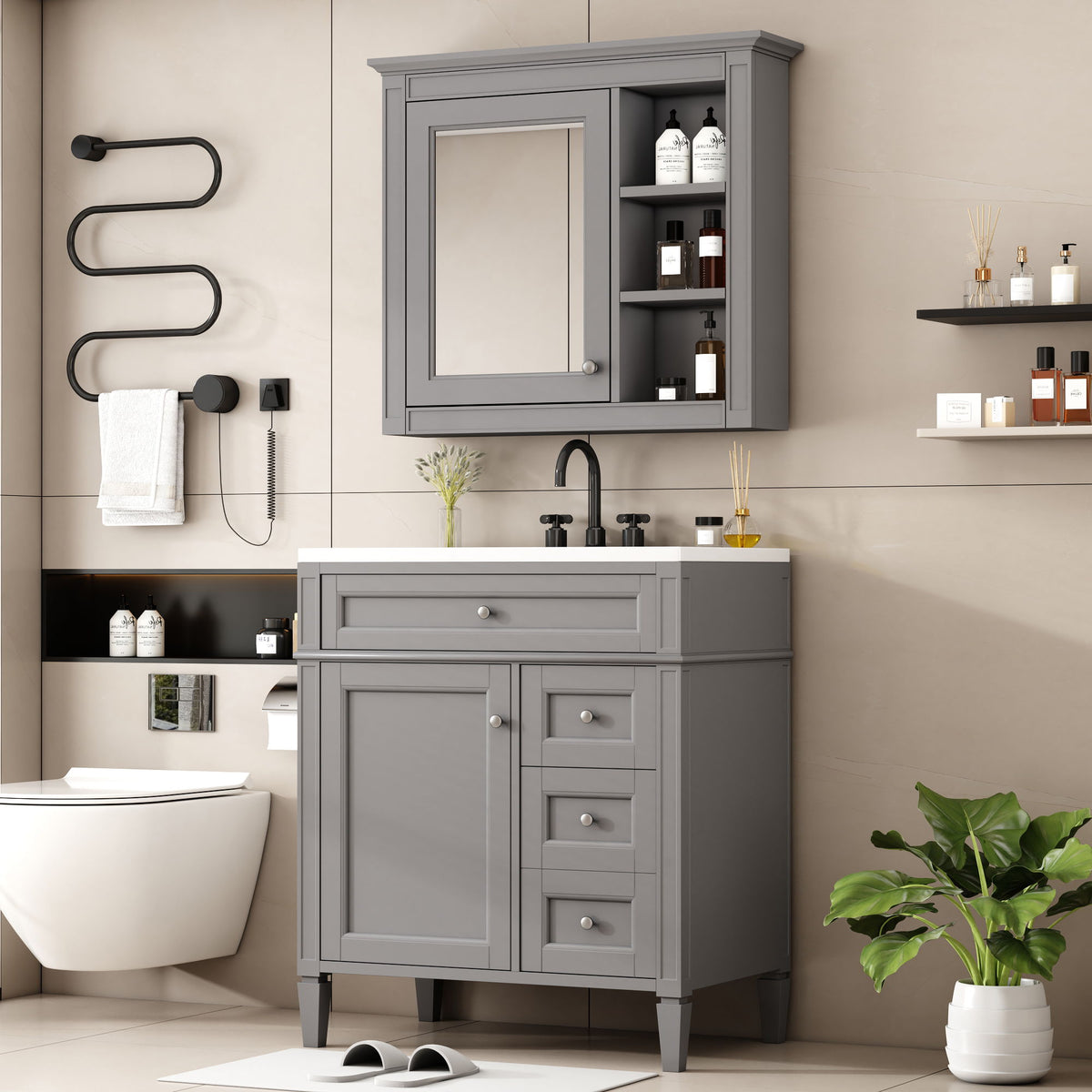 Gray Bathroom Vanity with Ceramic Sink, Storage Cabinet & Mirror