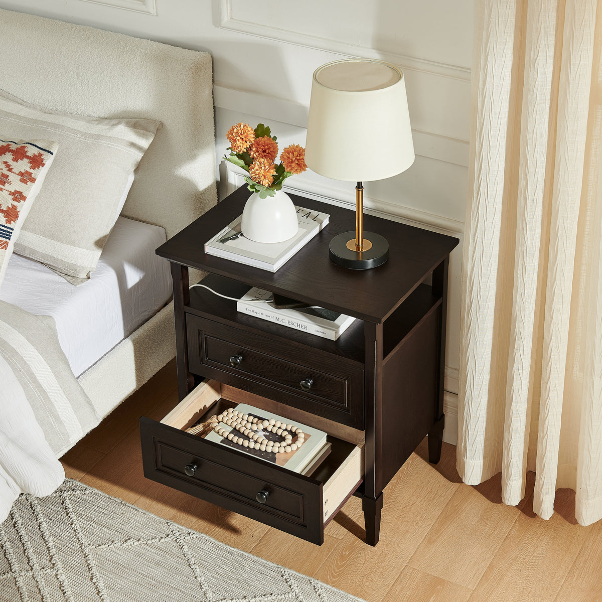 Wooden Bedside Nightstand with Open Cubby & 2 Storage Drawers