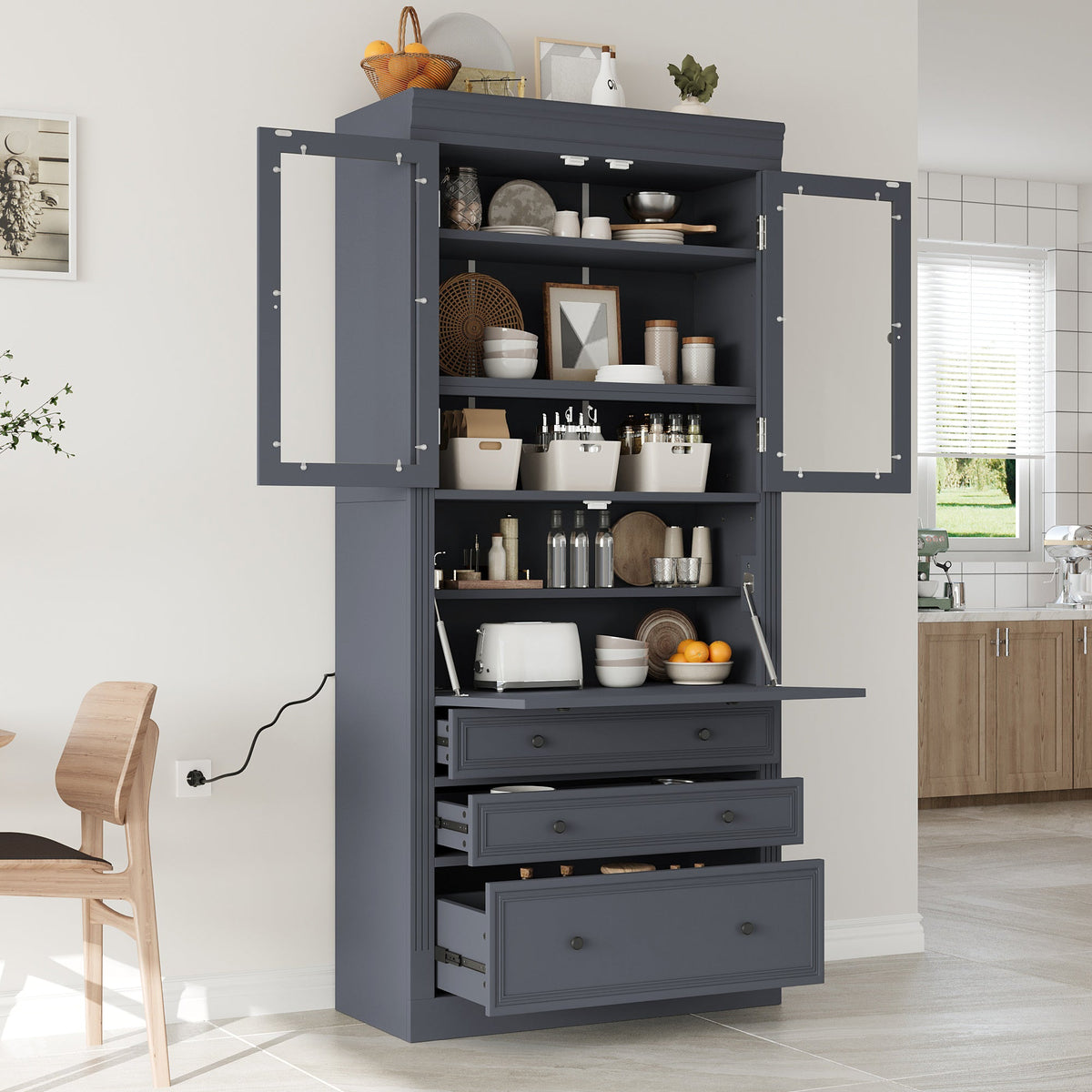 Freestanding Kitchen Pantry Cabinet with Power Outlet – Grey or White