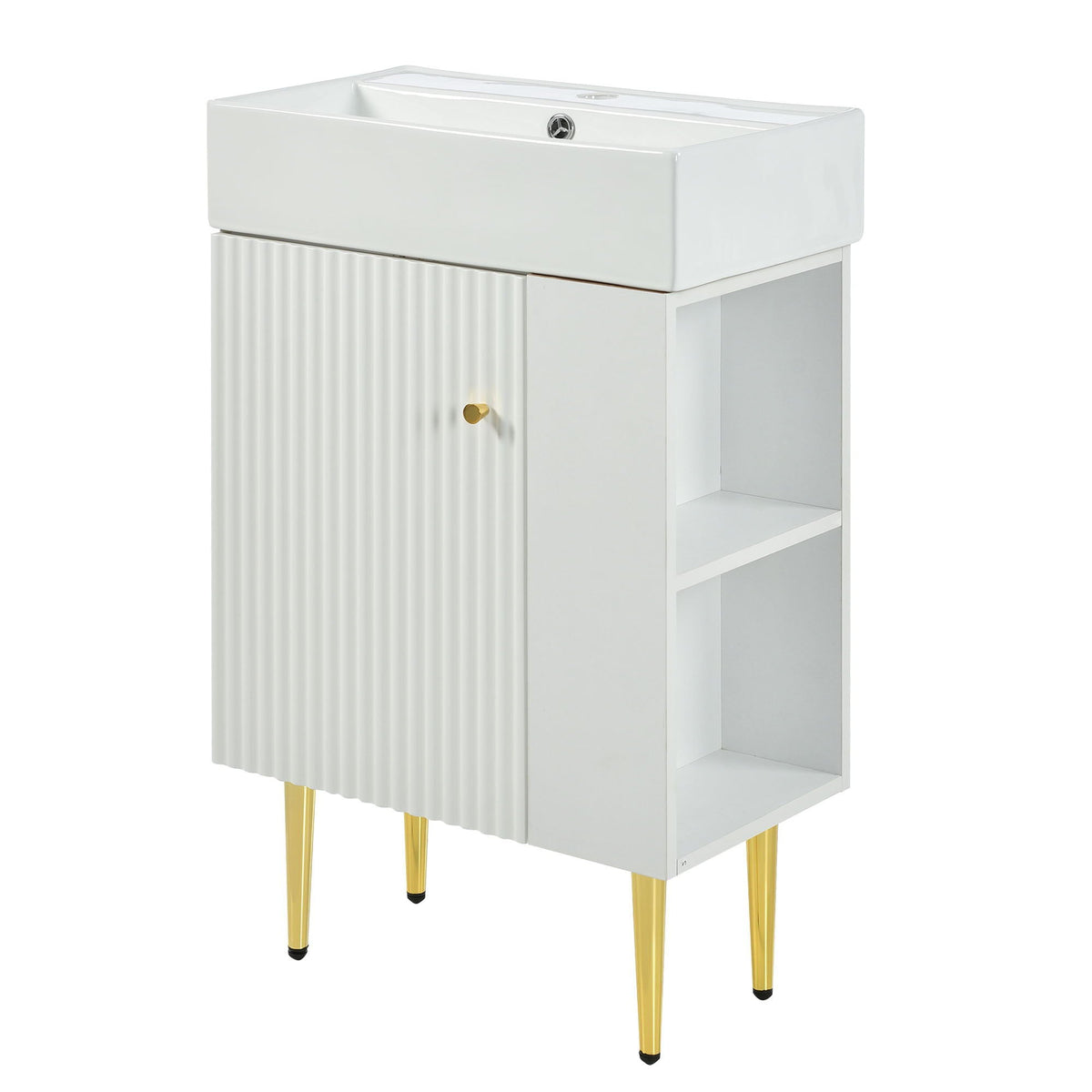 Bathroom Vanity with Single Ceramic Sink and Side Storage - Multiple Colors