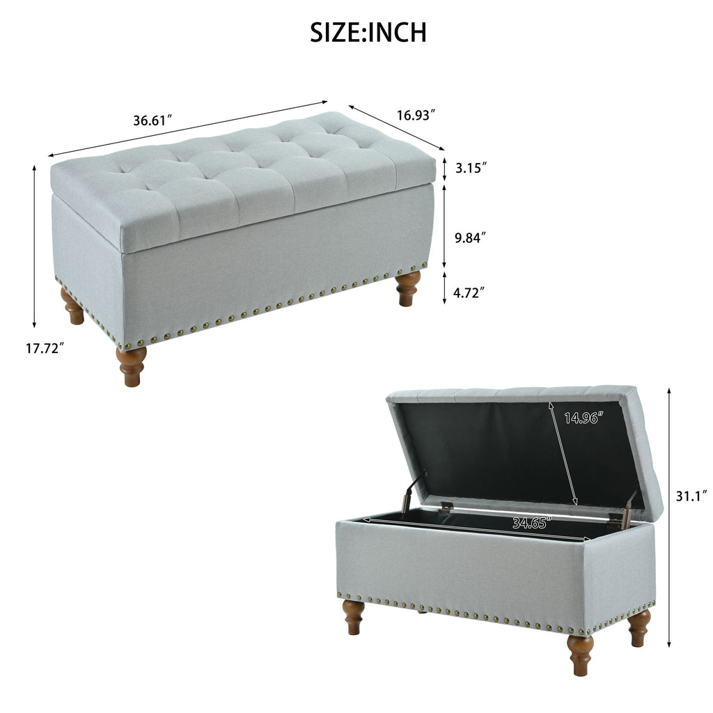 Upholstered Ottoman with Storage and Rivet Trim - Fabric, Beige or Gray