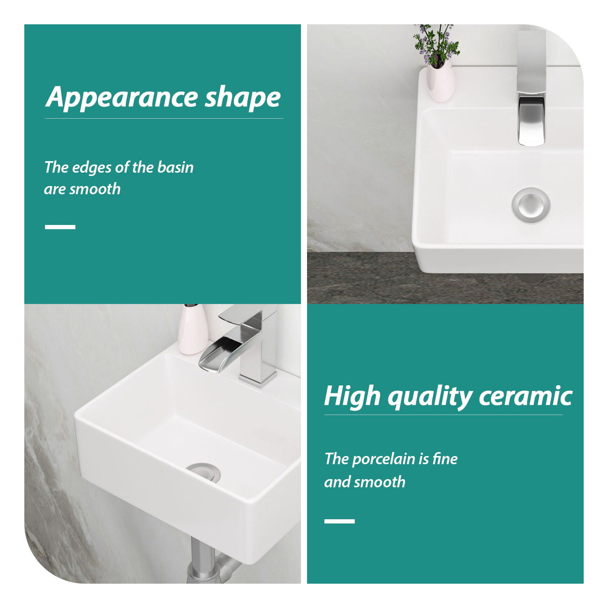 Ceramic Rectangle Wall Mount Bathroom Sink with Single Faucet Hole - White