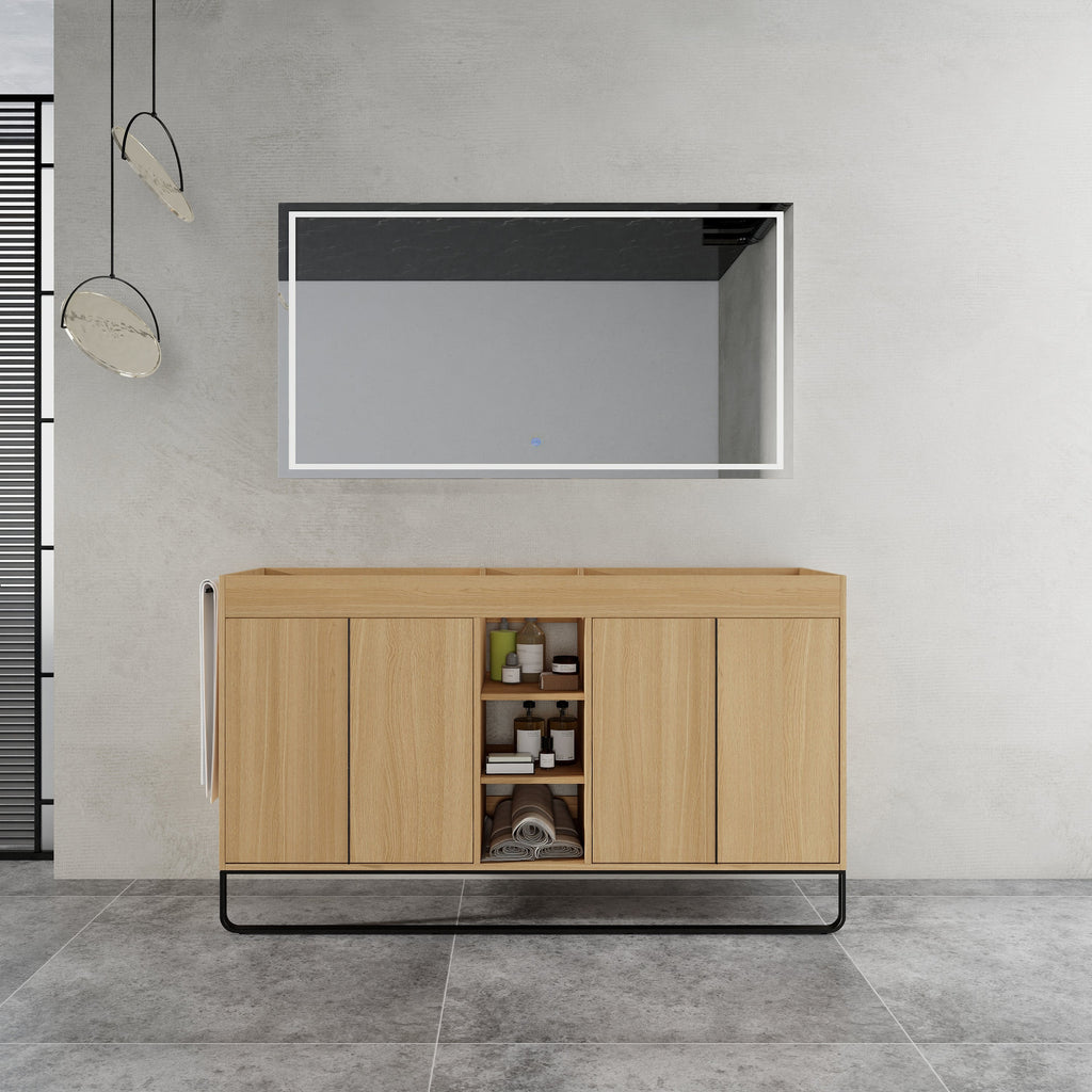 60-Inch Freestanding Bathroom Cabinet with Soft Close Doors & Open Storage - Oak