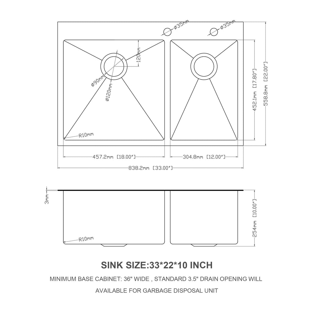 Double Bowl Kitchen Sink 16 Gauge with 2 10" Deep Basins - Gunmetal Black