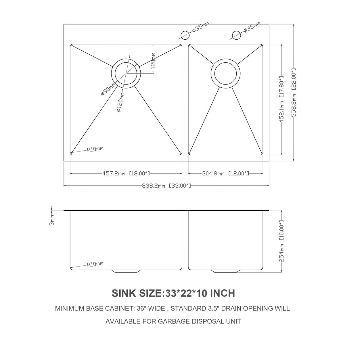 Double Bowl Kitchen Sink 16 Gauge with 2 10" Deep Basins - Gunmetal Black