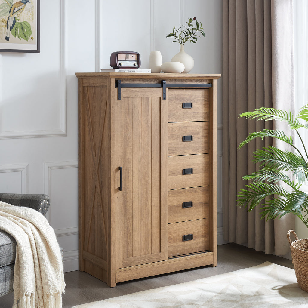 5 Drawers Dresser with Sliding Barn Door