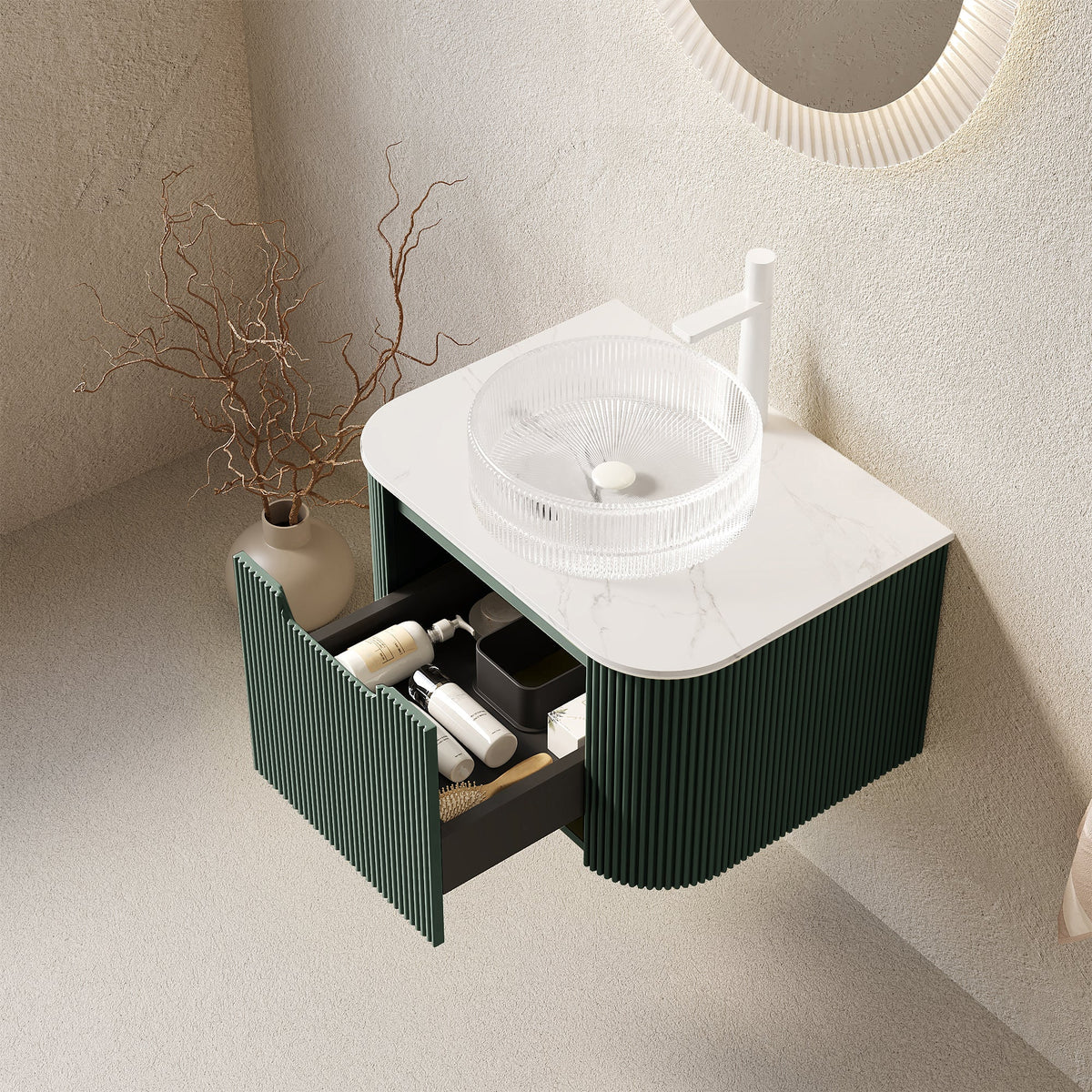 24-Inch Floating Bathroom Vanity with Crystal Glass Basin - Dark Green