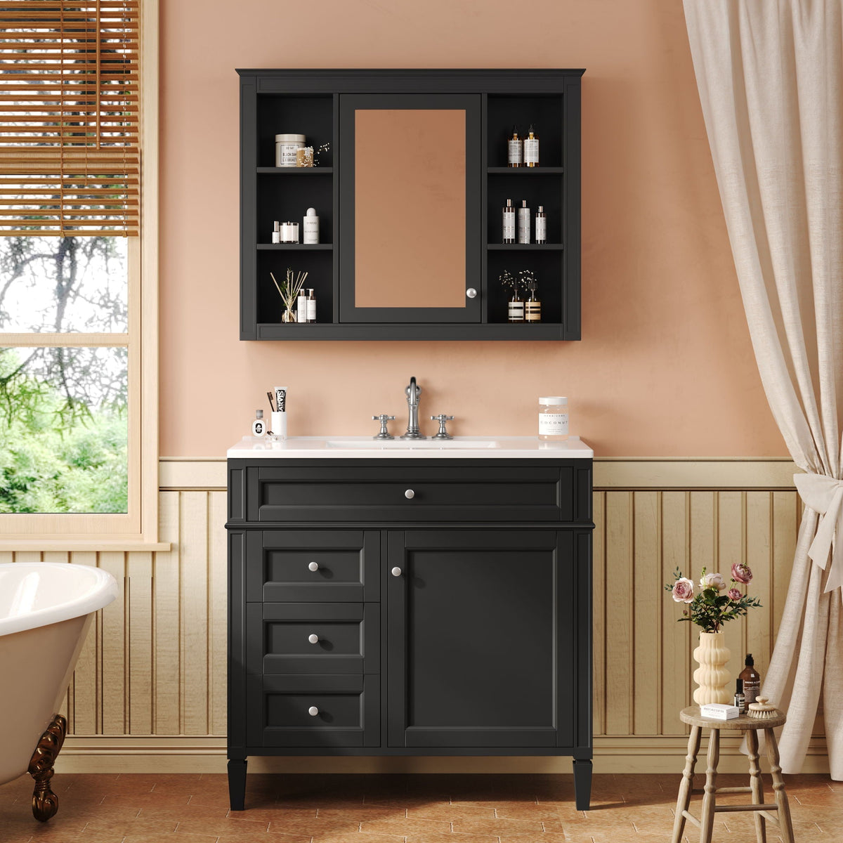 Bathroom Vanity With Mirror Cabinet and Single Sink - Soft-Closing Doors