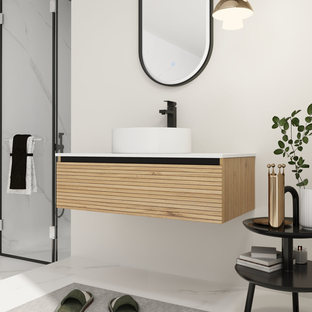 36'' Wall Mounted Bathroom Vanity with Resin Sink - Light Coffee