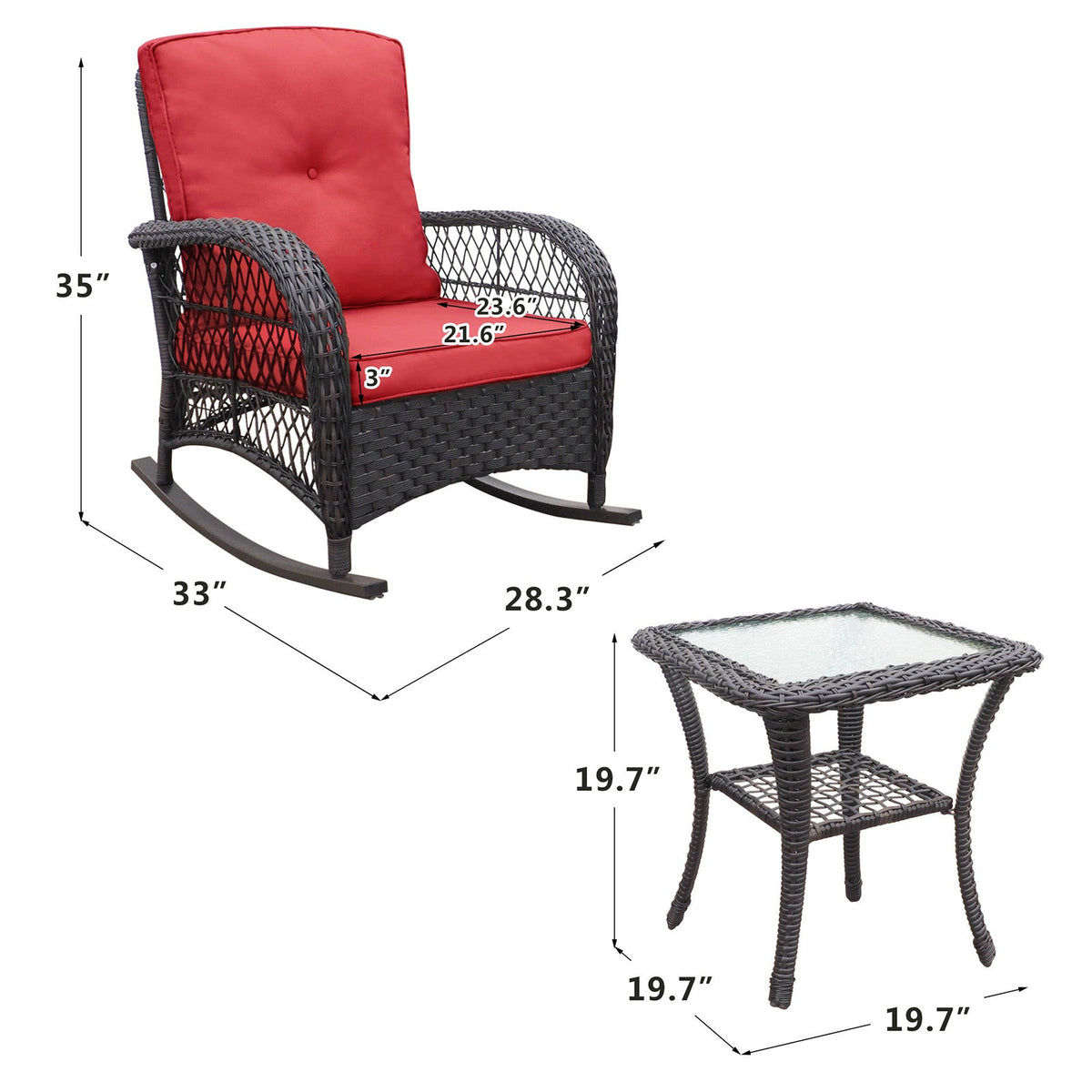 Outdoor Wicker Rocker Patio Bistro Set with Glass Top Table - Red