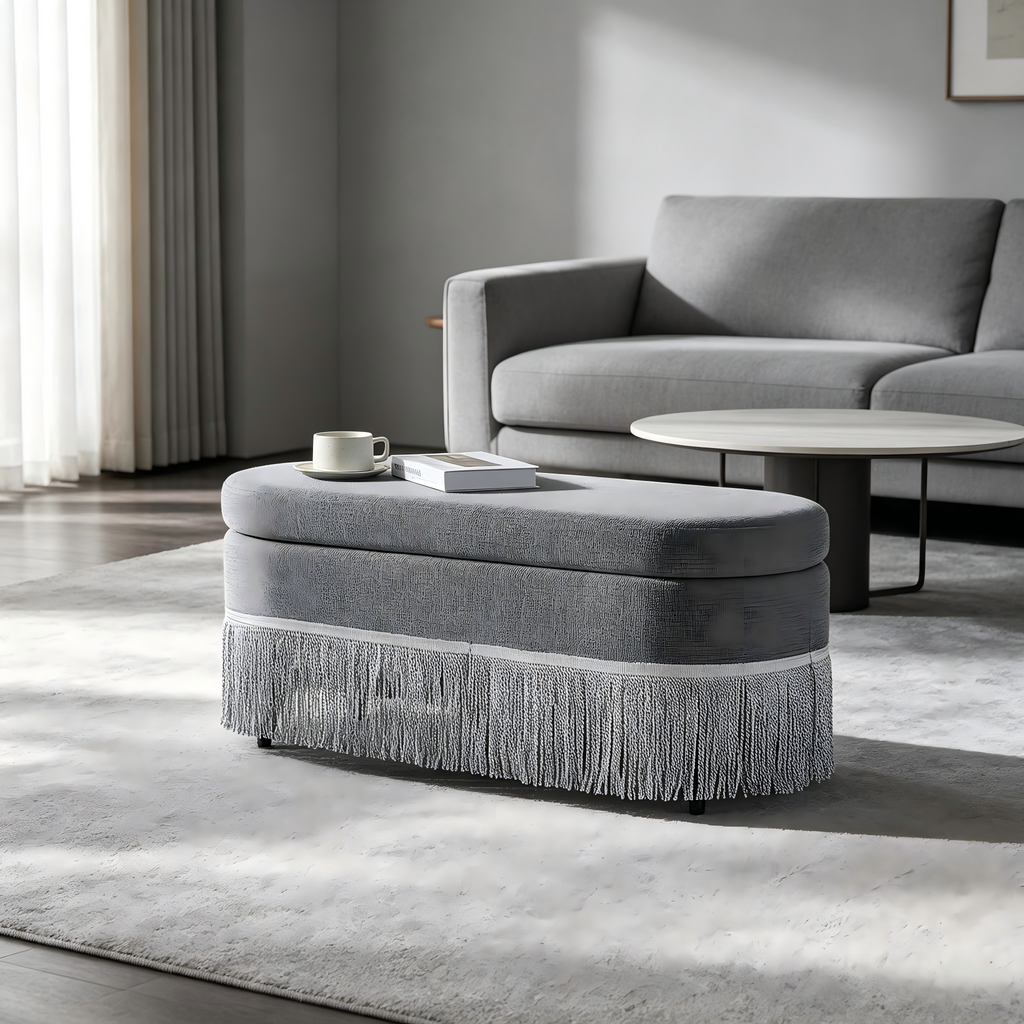 Oval Upholstered Storage Ottoman with Fringe Trim - Multi-Functional Ottoman