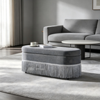 Oval Upholstered Storage Ottoman with Fringe Trim - Multi-Functional Ottoman