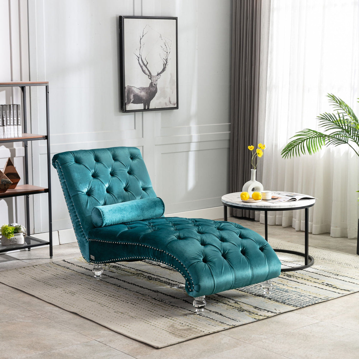 Velvet Button Tufted Chaise Lounge with Pillow - Multiple Colors