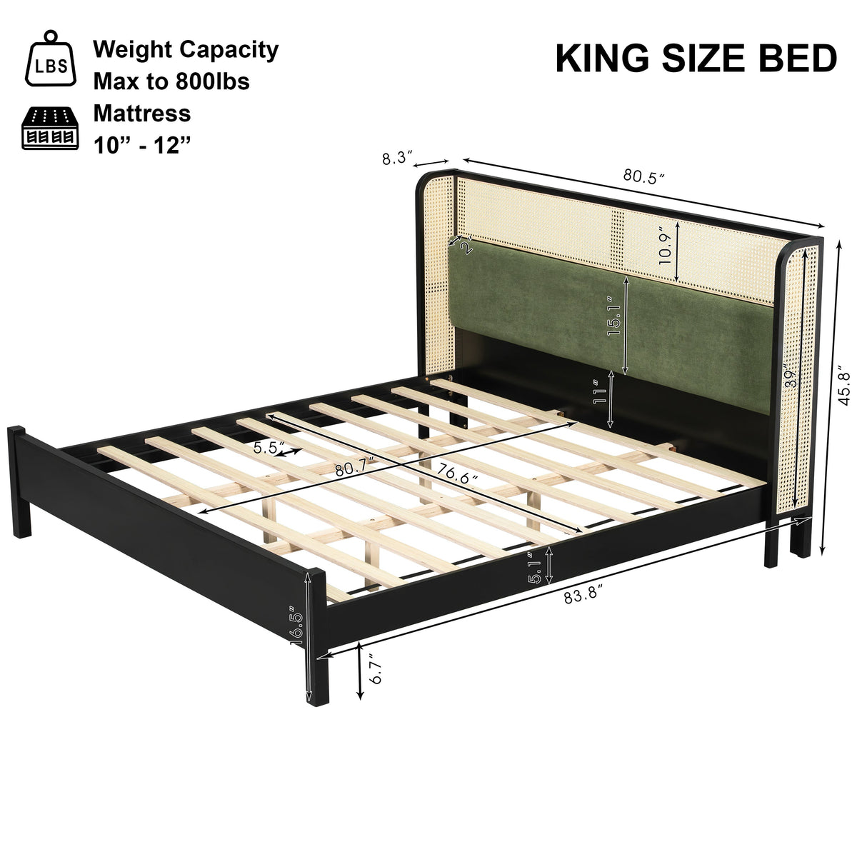 King Size Bed Frame with Upholstered Headboard - Black and Green