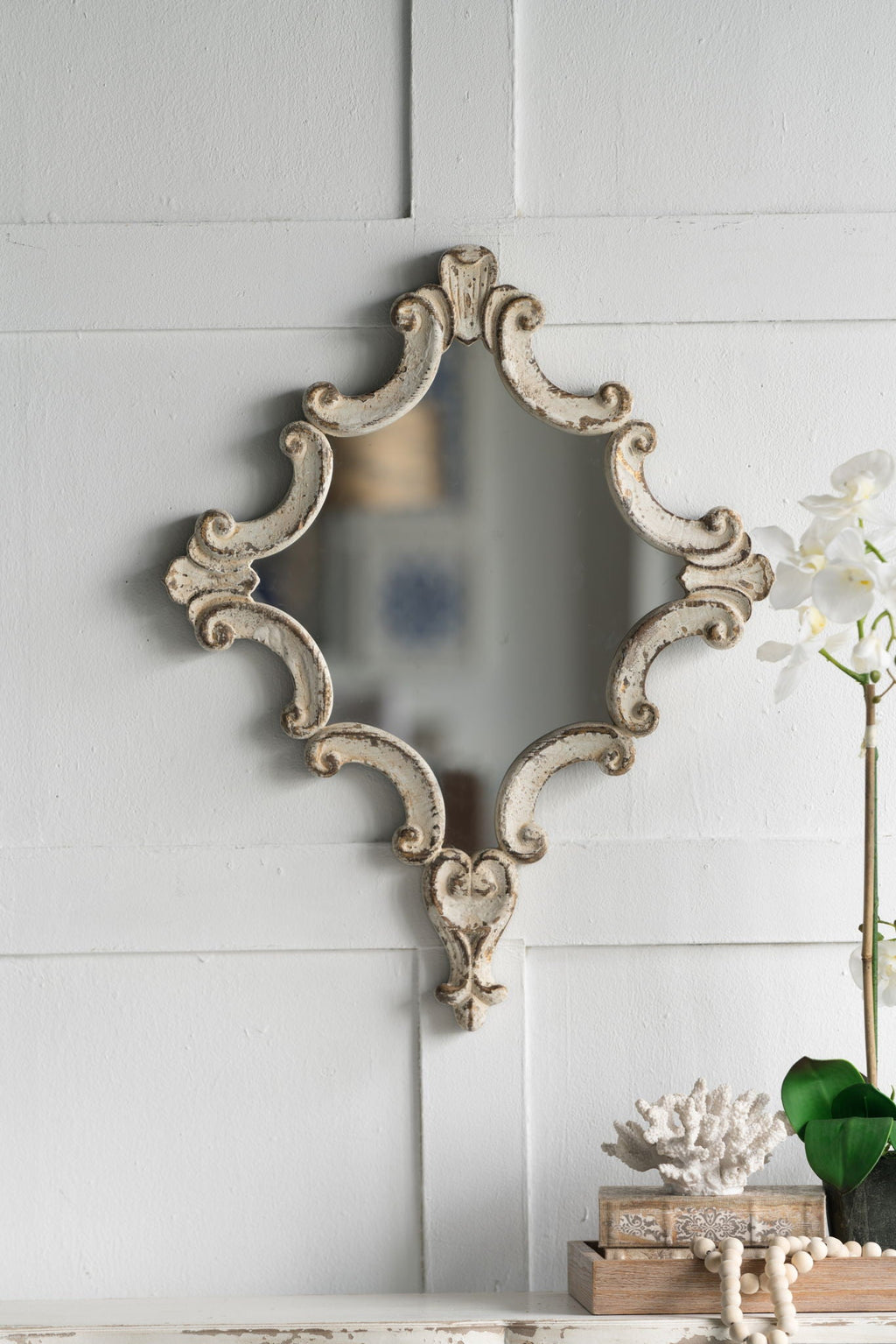 Artistic Diamond Scrollwork Wall Mirror with Fir Wood Frame - Antique White