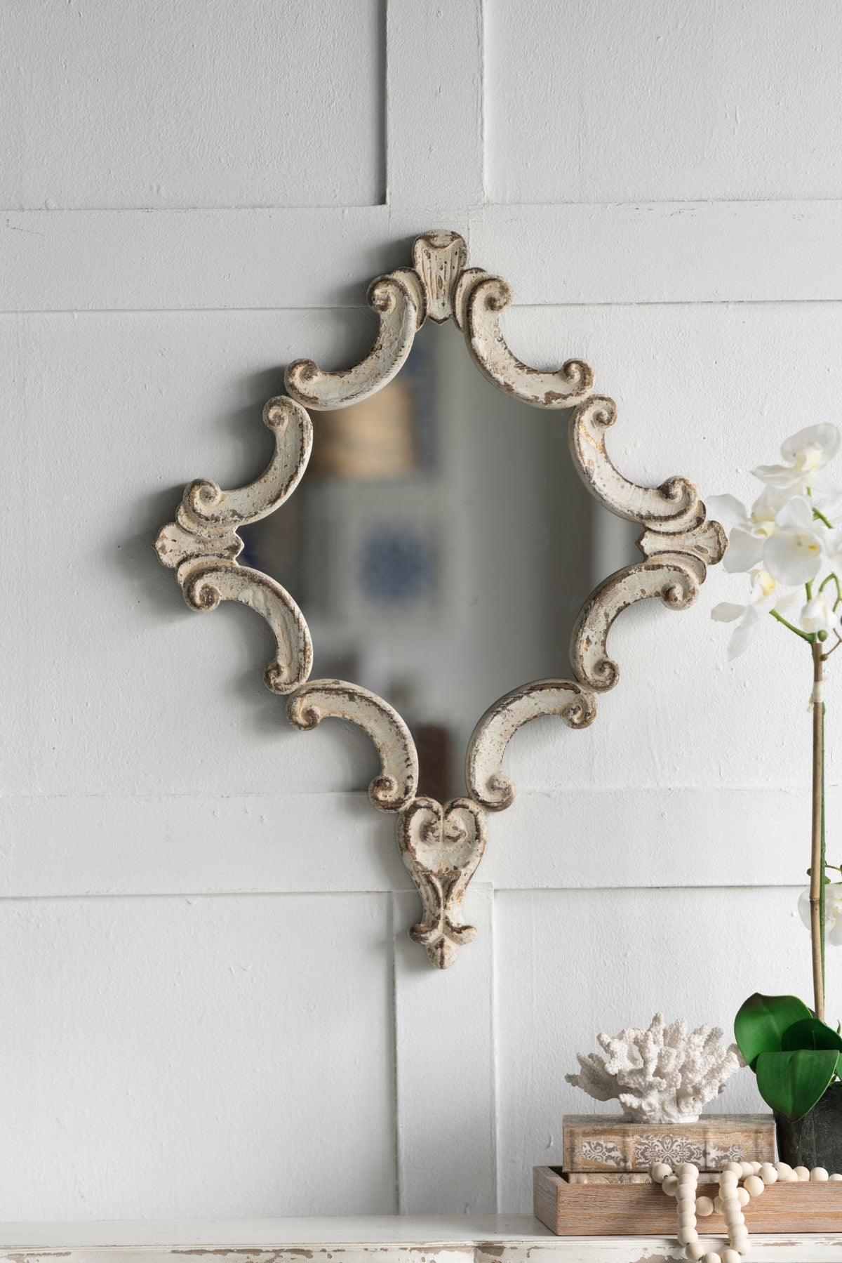 Artistic Diamond Scrollwork Wall Mirror with Fir Wood Frame - Antique White