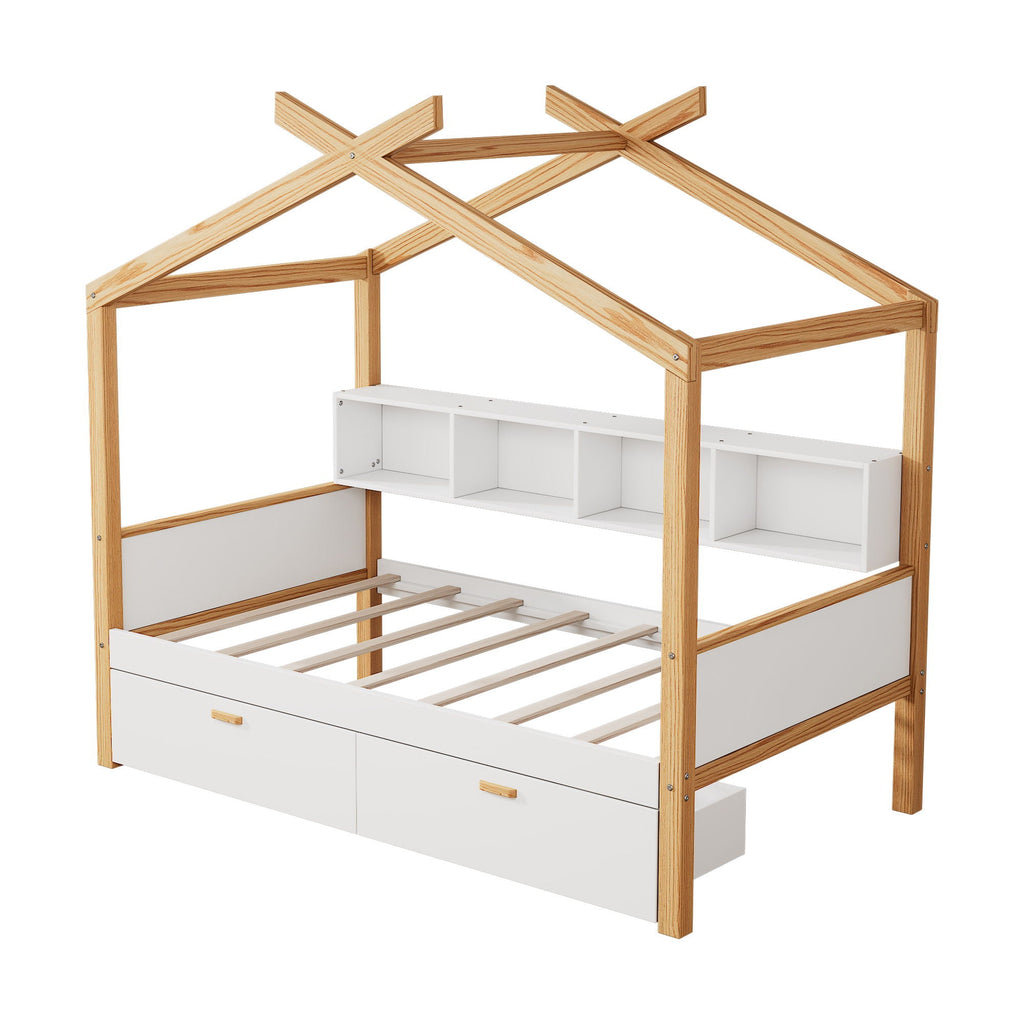 House Bed With Bookshelf Storage and Integrated Shelves - White