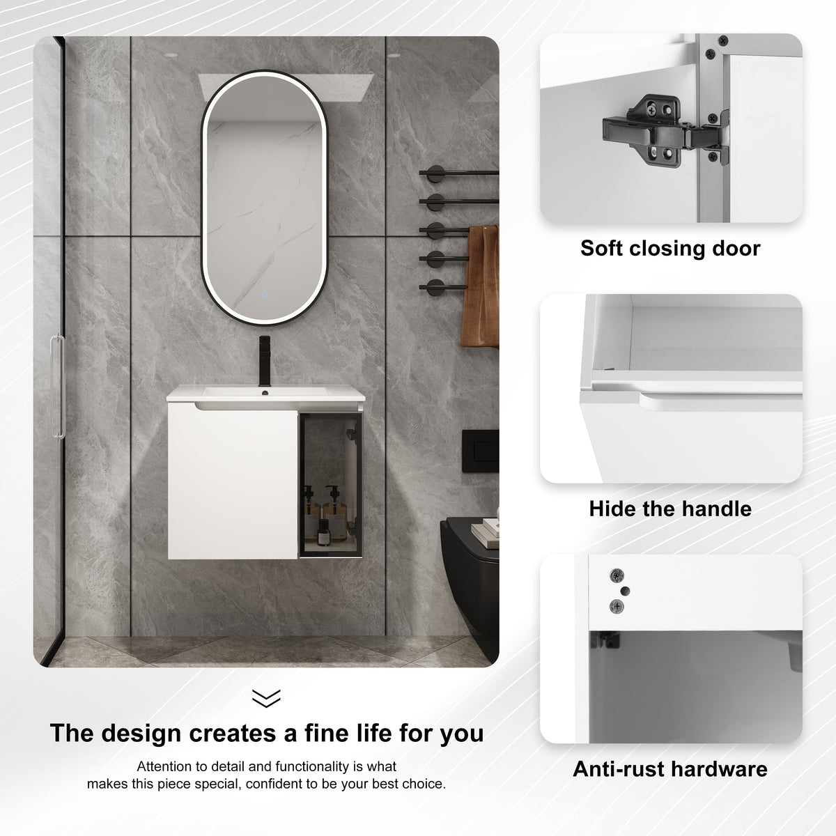 24" Wall-Mounted Bathroom Vanity with Ceramic Sink - Glossy White