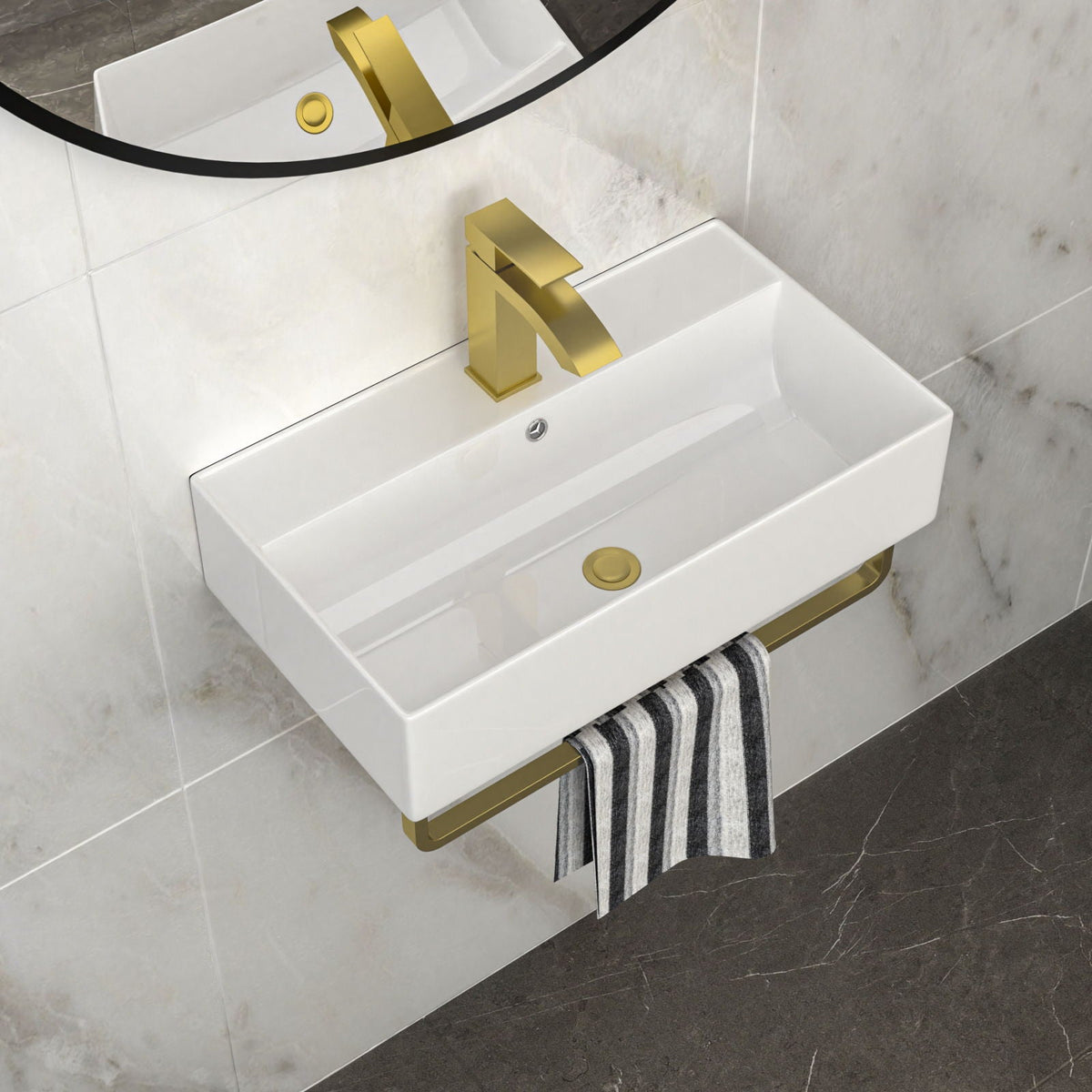 Wall Mounted Rectangular Bathroom Sink with Towel Bar - Black or Gold