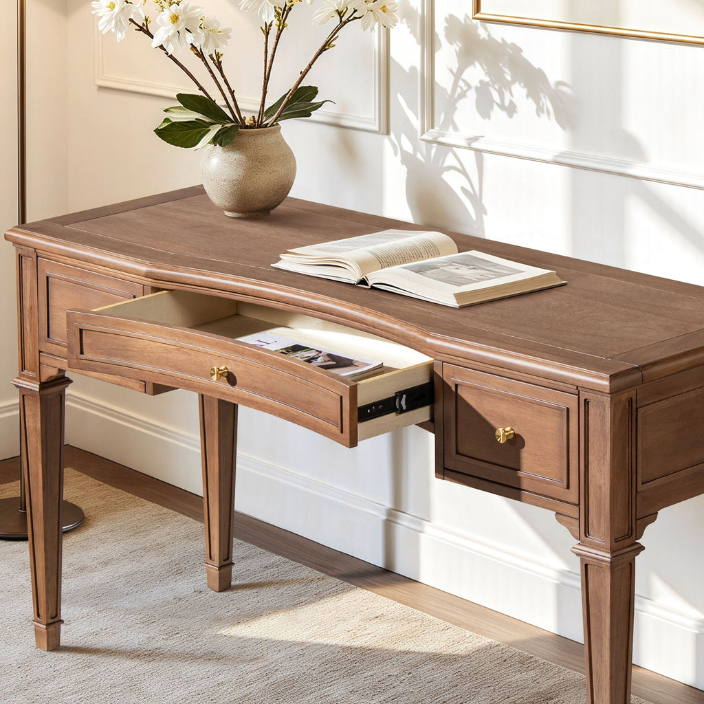 Brown Executive Desk with 3 Drawers - Satin-Gold Hardware