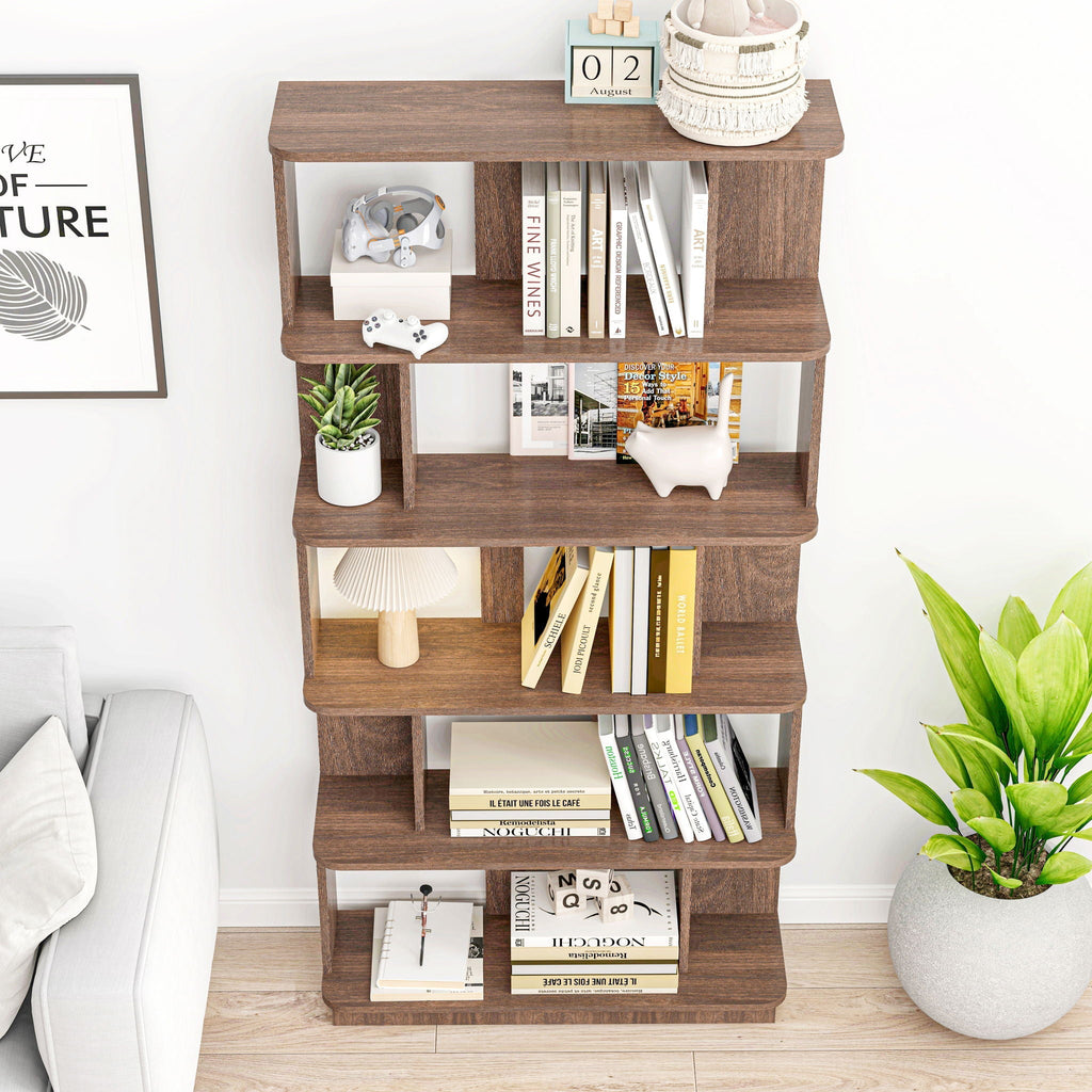 5 Tier Open Bookshelf with Adjustable Storage - Dark Brown