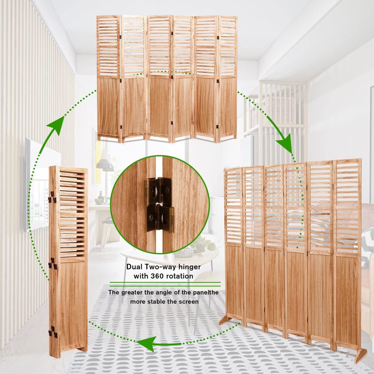 Light Brown Panel Folding Room Divider with Metal Hinges - Solid Wood