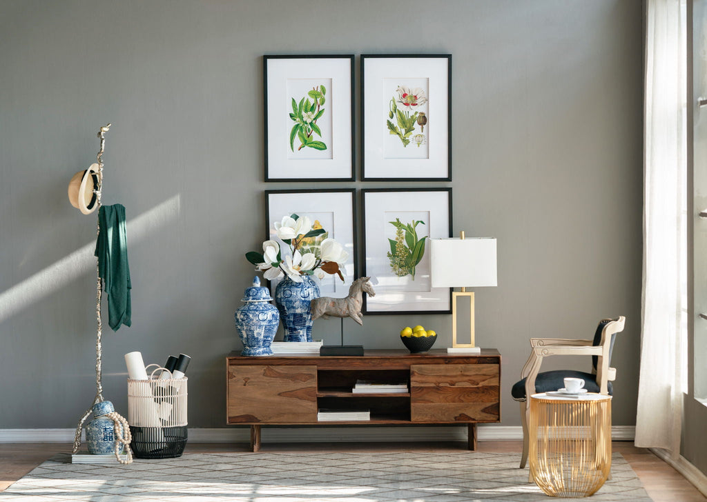 Botanical Flower Wall Art Set of 4 with Framed Prints - White / Blue