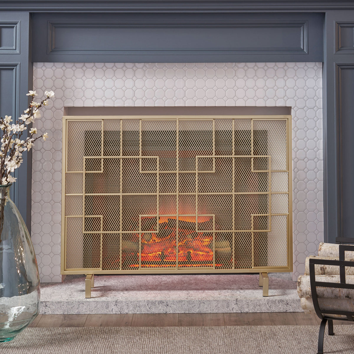 Modern Single Panel Iron Fire Screen with Fine Mesh - Black