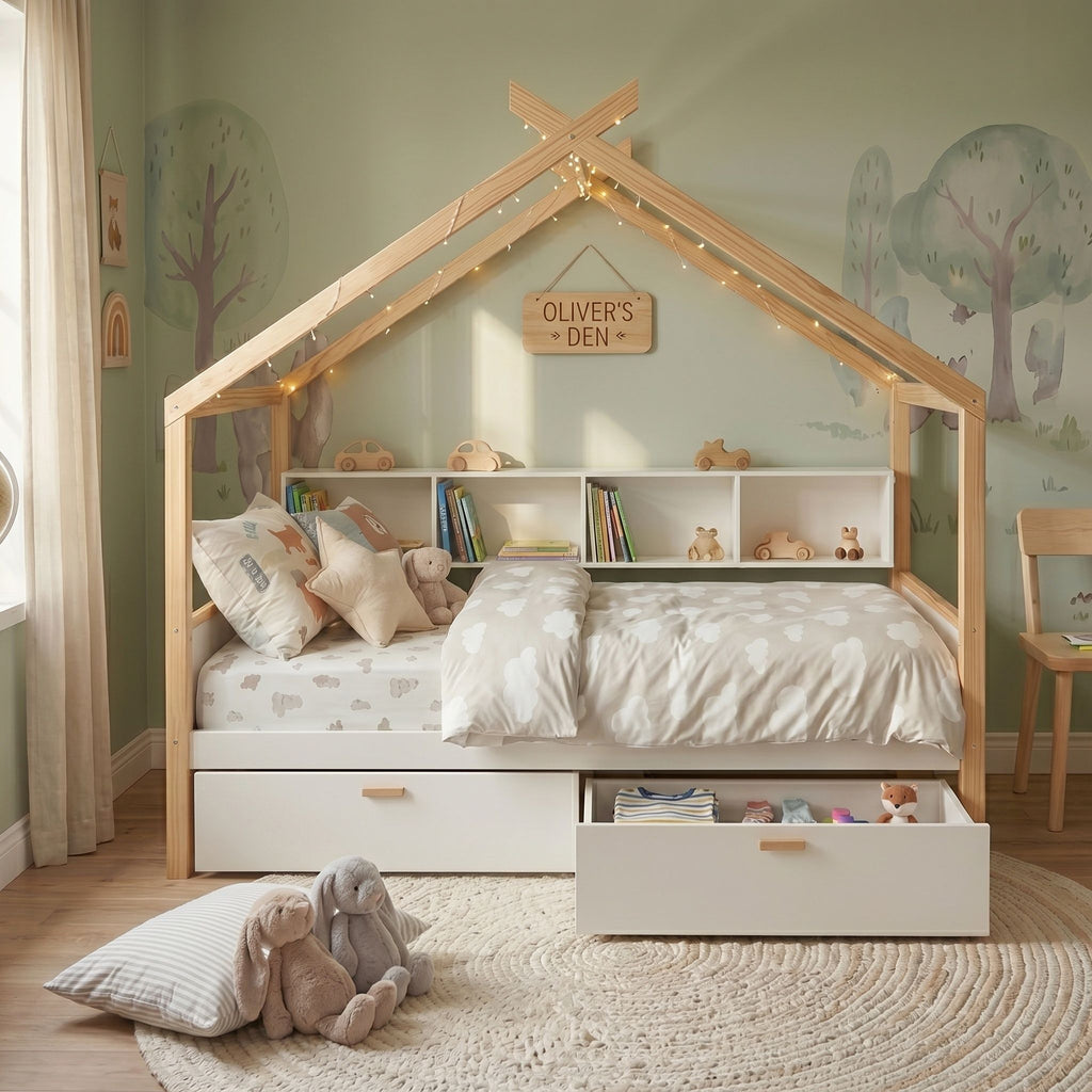 House Bed With Bookshelf Storage and Integrated Shelves - White