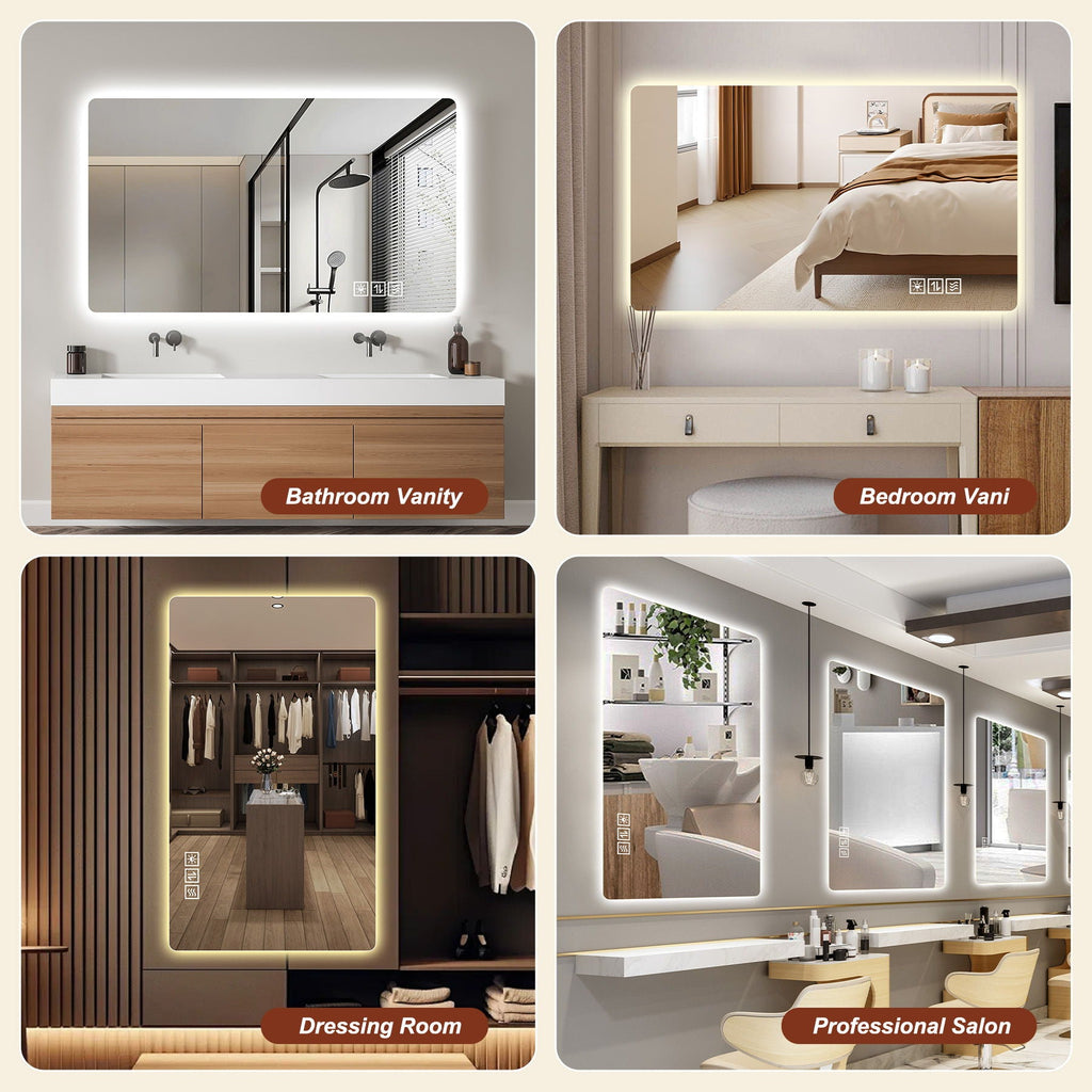 Wall Mounted LED Lighting Mirror with 3-Color Dimmable Light - Silver