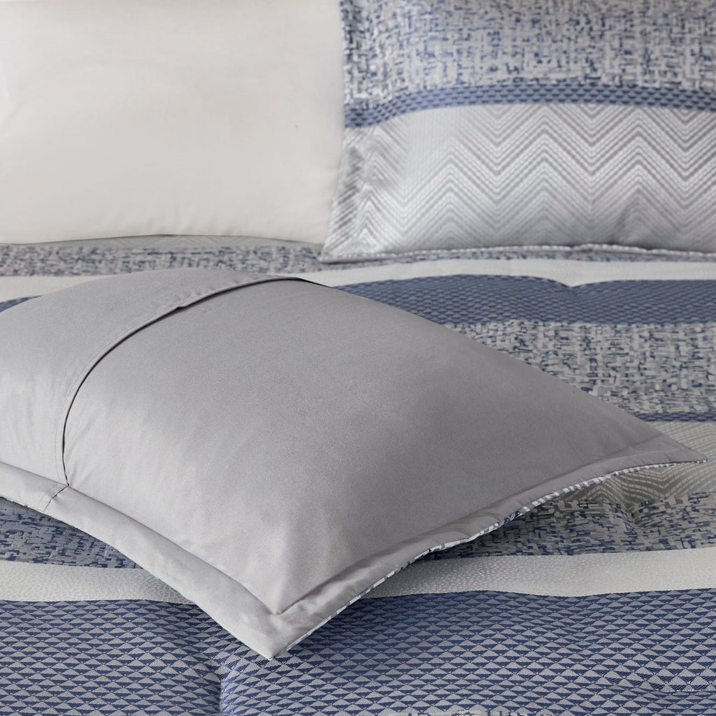 Jacquard Comforter Set 7 Piece with Decorative Pillows - Navy and Grey