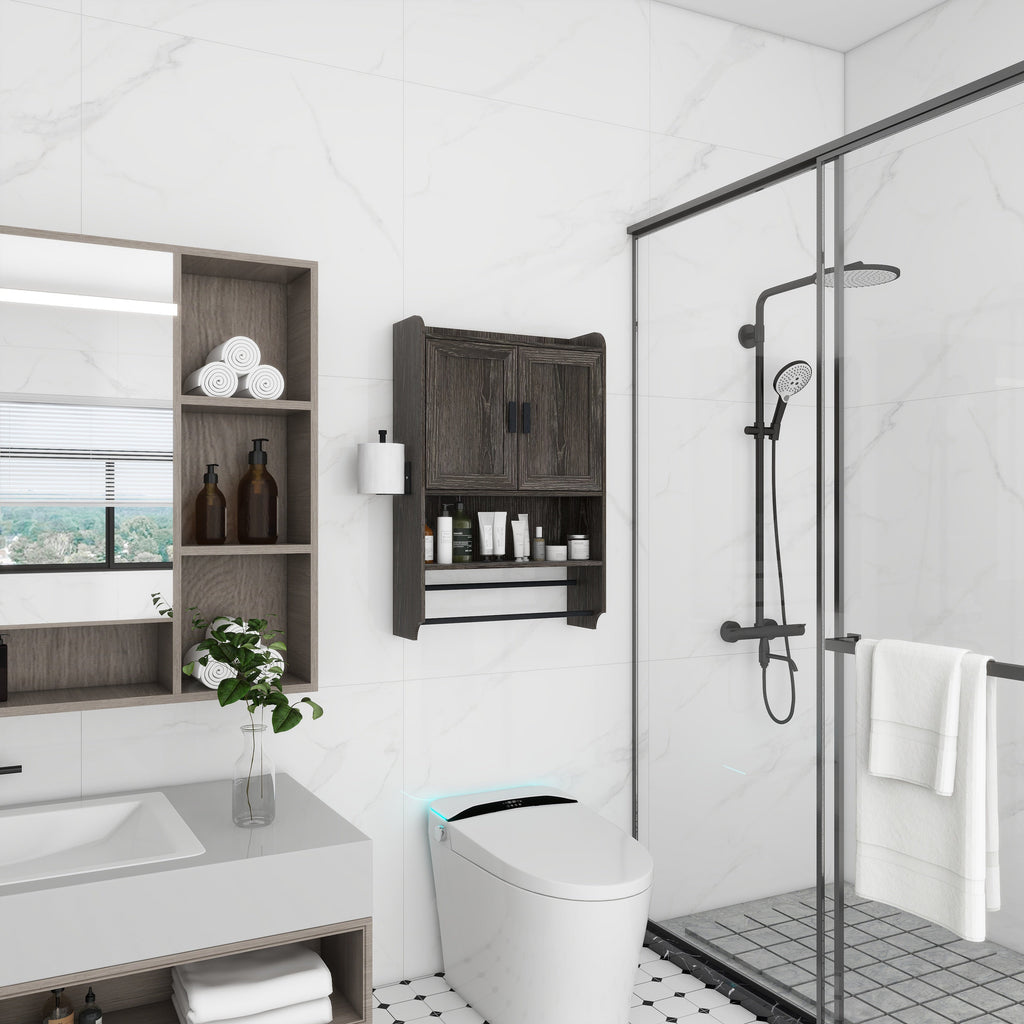 Bathroom Wall Cabinet with Adjustable Shelf, Towel Bar and Paper Holder - Grey